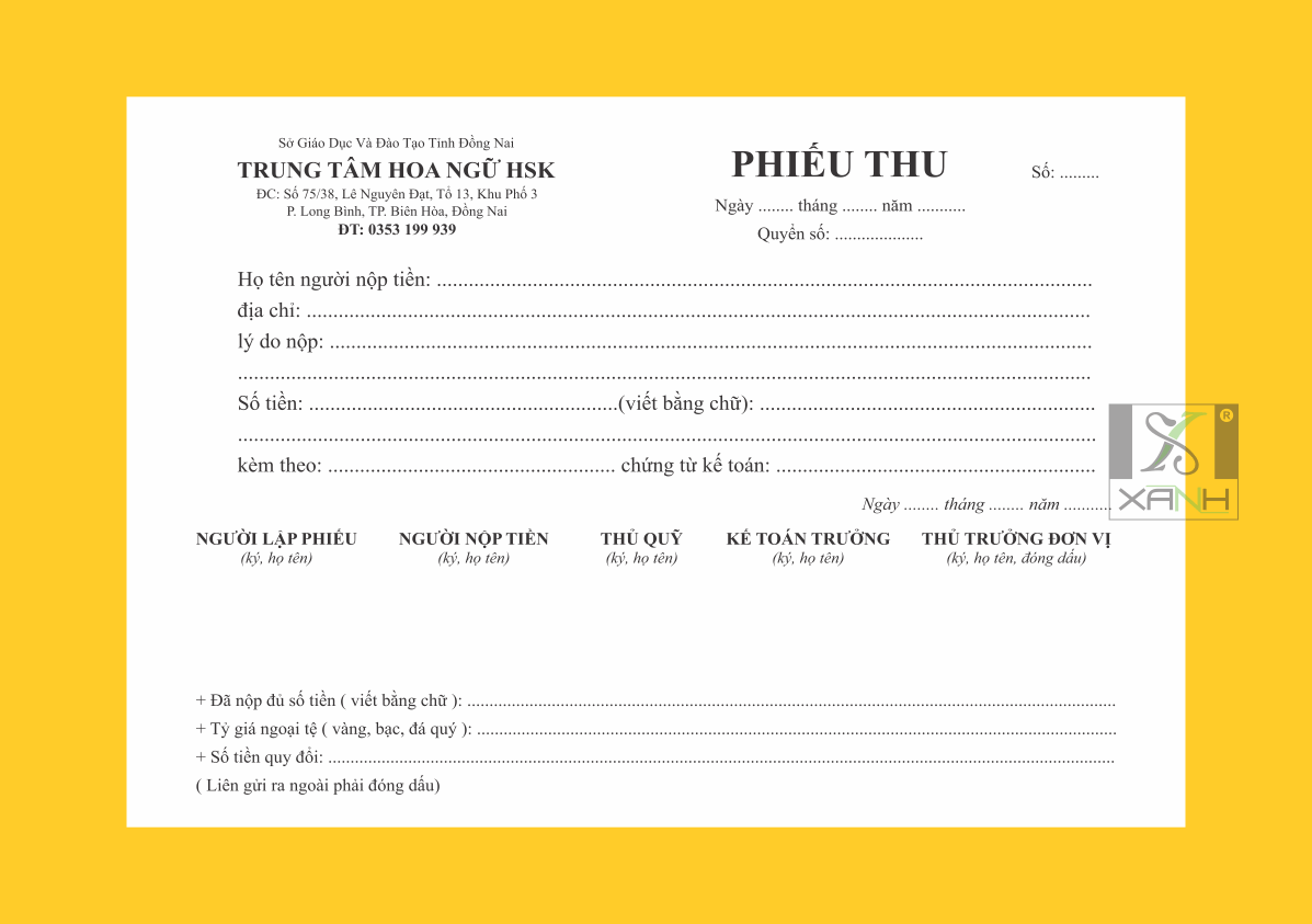PHIẾU THU TRUNG TÂM HOA NGỮ HSK