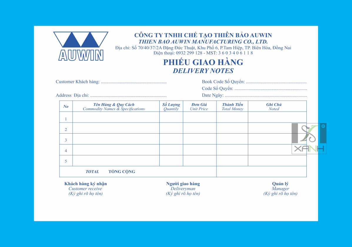 PHIẾU GIAO HÀNG CÔNG TY CHẾ TẠO THIÊN BẢO AUWIN